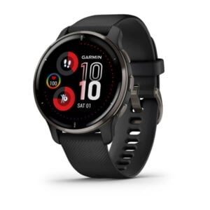 Venu 2 Plus fekete fekete kerettel, és fekete szilikon szíjjal